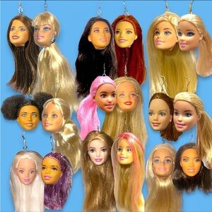 Doll Head Dangle Earrings, Barbie Doll Head Earrings, Novelty Barbie Earrings